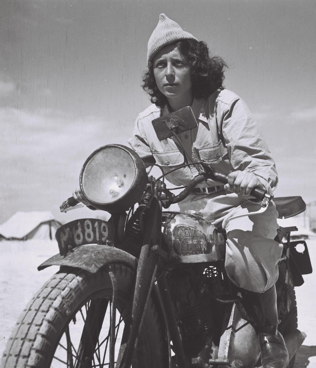 Haganah dispatch rider Droroa Harehuveni New Imperial motorcycle March 1948.jpg